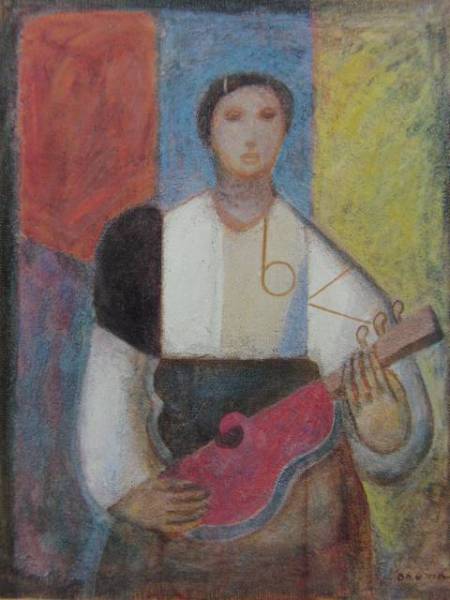 Teruo Onuma Femme avec une mandoline provenant d'une collection d'art rare, Nouveau cadre inclus, Peinture, Peinture à l'huile, Portraits