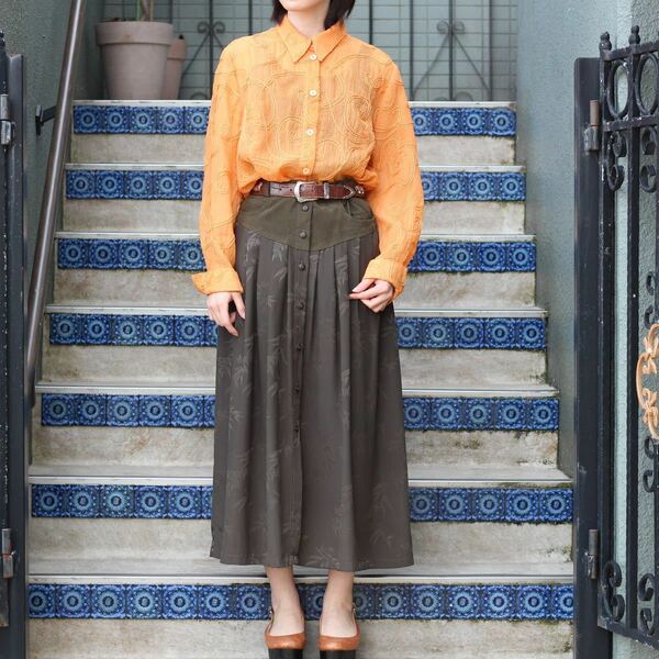 EU VINTAGE LEAF PATTERNED FRONT BUTTON DESIGN SKIRT/ヨーロッパ古着リーフ柄フロントボタンデザインスカート