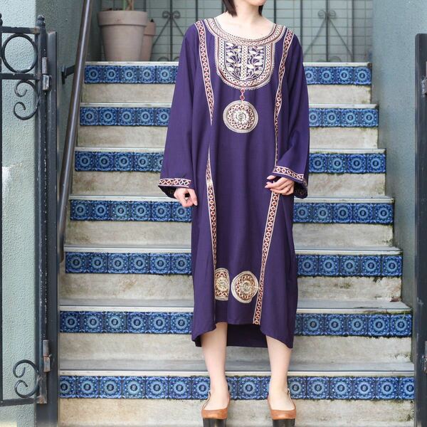 USA VINTAGE EMBROIDERY KAFTAN DRESS ONE PIECE/アメリカ古着刺繍カフタンドレスワンピース