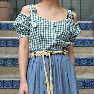 EU VINTAGE CHECK PATTERNED TYROLIAN BLOUSE/ヨーロッパ古着チェック柄チロリアンブラウス