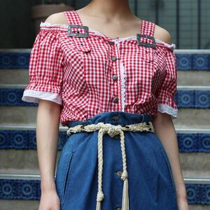 EU VINTAGE CHECK PATTERNED TYROLIAN BLOUSE/ヨーロッパ古着チェック柄チロリアンブラウス