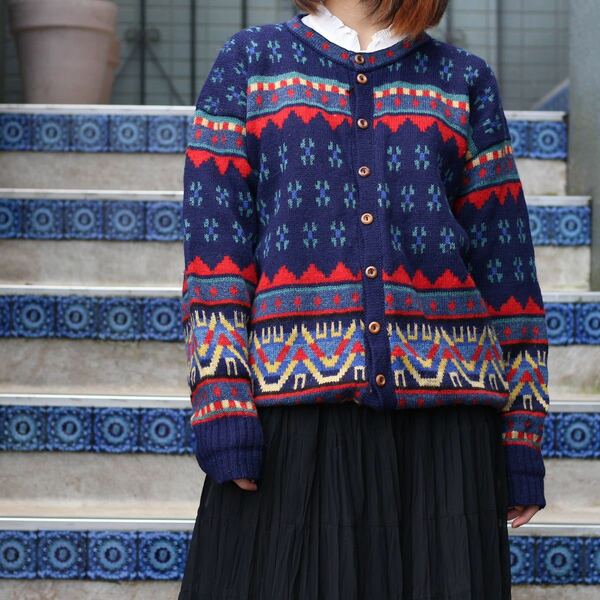 EU VINTAGE NORDIC DESIGN WOOL KNIT CARDIGAN MADE IN ENGLAND/ヨーロッパ古着ノルディックデザインウールニットカーディガン