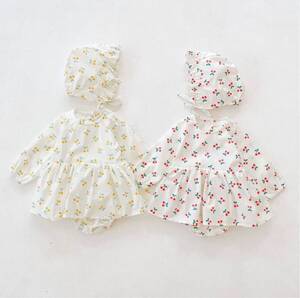 新品 未使用 2点 セット チェリー さくらんぼ ロンパース ボンネット カバーオール 帽子 子供 子供服 赤ちゃん 長袖