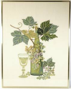 Vintage Cross stitch embroidery hand made wine * grape * wine bottle final product frame goods ornament width 39.5. height 51.5. Northern Europe manner TSM
