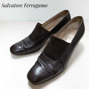 最値!イタリア製!サルヴァトーレ フェラガモ【Salvatore Ferragamo】ヒール レザー パンプス ブラウン/茶色 サイズ表記6 1/2 23.5cm相当