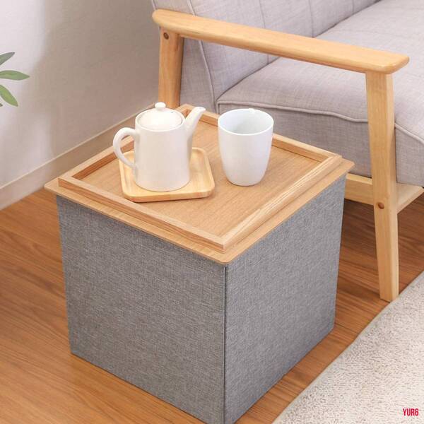 蓋がテーブルになる 収納スツール 折り畳み式 コンパクト収納 省スペース 木目 耐荷重80kg 頑丈 インテリア リビング 便利グッズ グレー