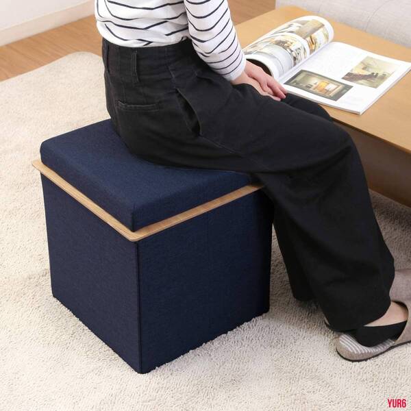 蓋がテーブルになる 収納スツール 折り畳み式 コンパクト収納 省スペース 木目 耐荷重80kg 頑丈 インテリア リビング 便利グッズ ブルー