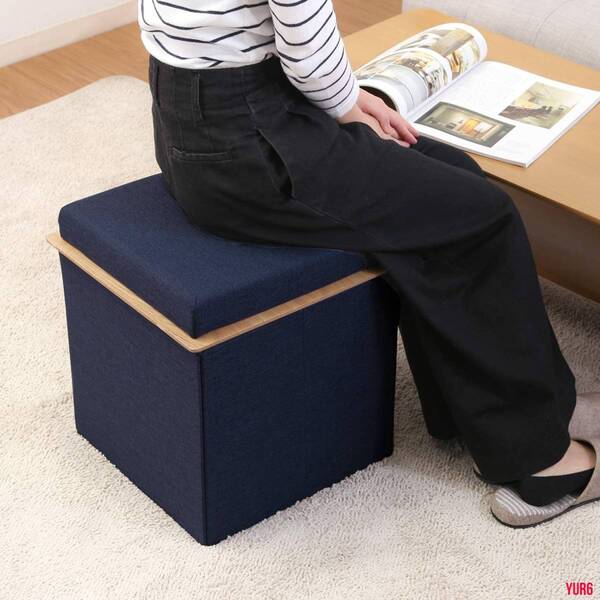 蓋がテーブルになる 収納スツール 折り畳み式 コンパクト収納 省スペース 木目 耐荷重80ｋｇ 頑丈 インテリア リビング 便利グッズ ブルー