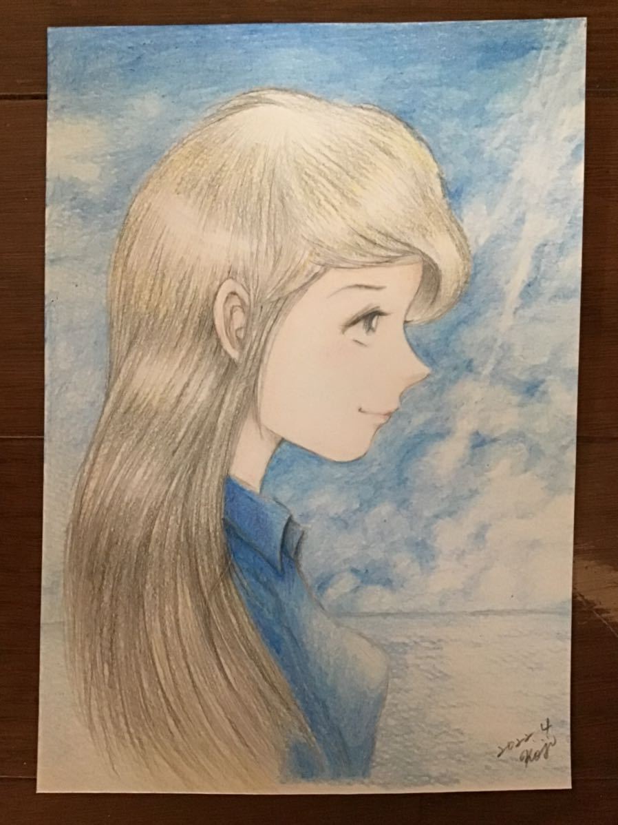 Handwritten illustration Girl Soumi ★Pencil Colored pencil ★Drawing paper ★Size 16.5 x 11.5cm ★New, comics, anime goods, hand drawn illustration