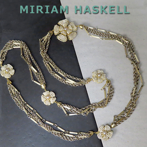 ◆ミリアムハスケル：金チェーン＋花５個ネックレス：ヴィンテージコスチュームジュエリー：Miriam Haskell