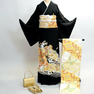 Черный томеодский кимоно чистый шелк полный набор семейный гребень, включенный отдельно до 6000 долларов США, 7 дней аренды на 7 дней (Yasudaya Co., Ltd. No12244
