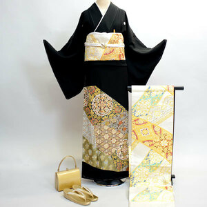 Черно -липкий кимоно чистый шелк Full Set Full Set Family Crest В дополнение к отдельным 6000 долларов, 20 комплектов из 20 баллов доступны 7 дней Rental Co., Ltd. No12242