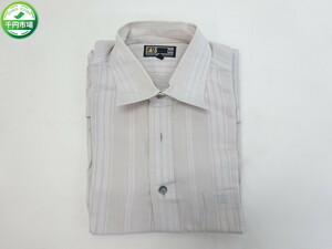 【O-9193】DAKS ダックス ストライプ ロゴ刺繍 デザイン 半袖 ドレス ワイシャツ L ライトグレー系【千円市場】