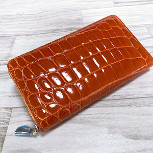 ★限定一個★クロコダイル 革財布 ラウンドファスナー 高品質シャイニングクロコダイル レアカラーオレンジ 春財布