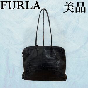 FURLA フルラ　トートバッグ　クロコ型押し　肩がけ可能　A4可　大容量　黒