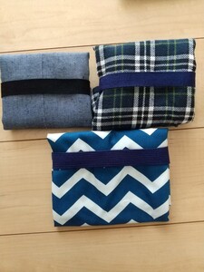 ハンドメイド エコバッグ3点セット 折り畳みトートバッグ チェック柄 デニム風 波柄