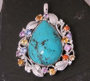 { pawnshop exhibition }k18WG* turquoise + color stone pendant *C-1520