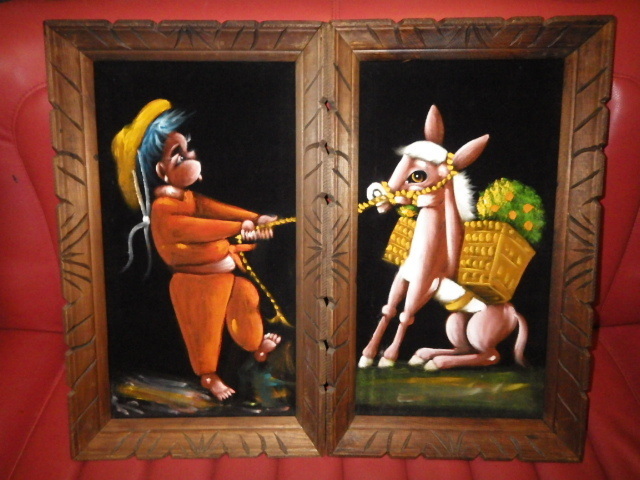 70'S★Mexico★Boy and Donkey★Painting★Set of 2★Art★Wall Hanging★Wall Decor★Vintage★Hand Painted★Velvet Painting★, Artwork, Painting, others