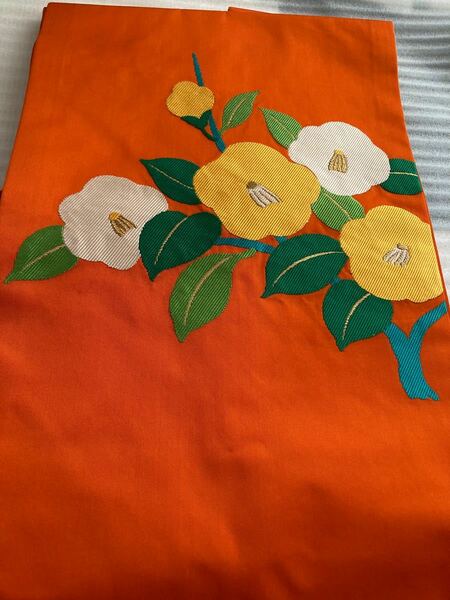 オレンジ色　花刺繍　名古屋帯　9寸