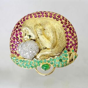 ◎中古美品◎ １８金　猿彫　作者物　ブローチ兼帯留