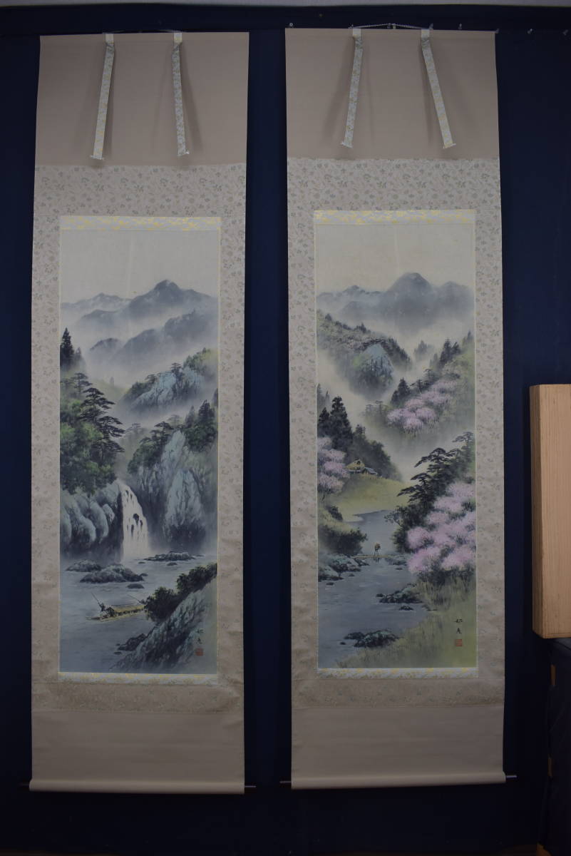 Oeuvre authentique/Kunihiko Kurachi/Paysages des Quatre Saisons/Printemps, Été, Automne, Hiver/Figurines//Parchemin suspendu☆Vaisseau au trésor☆Z-442, Peinture, Peinture japonaise, Paysage, Vent et lune