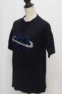 スパンコール付◆土星柄 スパンコール 半袖Tシャツ（黒）◆USED 50