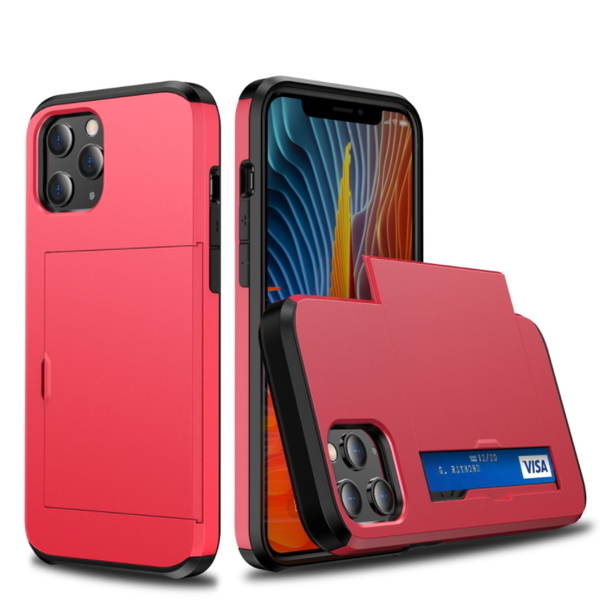 【国内発送・送料無料】iPhone12Pro用 レッド 背面カード収納 スマホケース タッチ決済可能