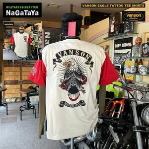 VANSON バンソン NVST-2208 BIKE EAGLE TATTOO TEE SHIRTS イーグル タトゥー刺繍 Tシャツ ナチュラル×レッド Lsize メンズ BIKER