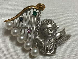 K18 SILVERbook@ pearl ruby sapphire emerald 7.8g harp . play Angel brooch 