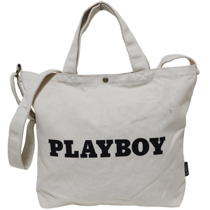 PLAYBOY プレイボーイ トートバッグ ショルダーバッグ ベーシック ロゴプリント 帆布 2WAY A4サイズ★アイボリー★新品