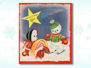 USAヴィンテージ1940年代紙ものクリスマスカード|スケートを楽しむ男の子と女の子のスノーマンアンティーク◆アメリカグリーティング手紙, 印刷物, 絵はがき、ポストカード, その他