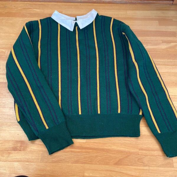 レディース 長袖 ニット ボーダー 襟付き 冬服 緑 グリーン M