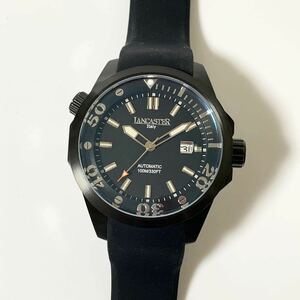 未使用 LANCASTER WATCH ランカスター 自動巻 メンズ 腕時計 Ref.0656 黒文字盤 ダイバーズ風デザイン イタリアブランド 機械式腕時計