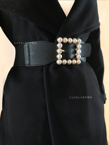 [ black ] lady's belt rubber pearl buckle leather belt square 