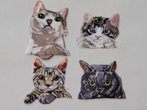 送料無料 動物 刺繍 アイロン ワッペン 猫 4種類セット 大きい サイズ