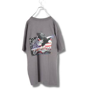 BAY SIDE　ベイサイド　プリントTシャツ　USA　グレー　バックプリント　L　BA411　古着　ヴィンテージ　アニマル　タカ　ハーレー