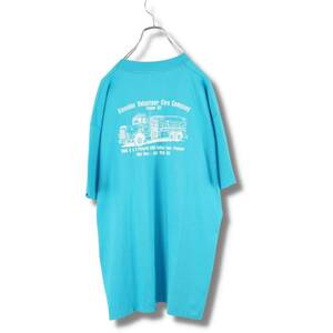 90s　フルーツオブザルーム　プリントTシャツ　USA　ブルー　シングルステッチ　XL　BA416　古着　ヴィンテージ　アメリカ　90年代