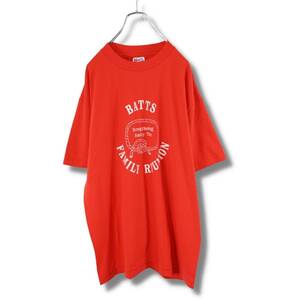 90s　Hanes　ヘインズ　シングルステッチ　プリントTシャツ　BATTS　XL　レッド　BA418　古着　ヴィンテージ　ロゴ　カレッジ　アメリカ