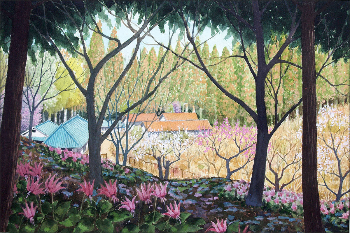 Peinture de paysage à l'aquarelle La forêt est en fleurs avec Katakuri Shinsaku, peinture, aquarelle, Nature, Peinture de paysage