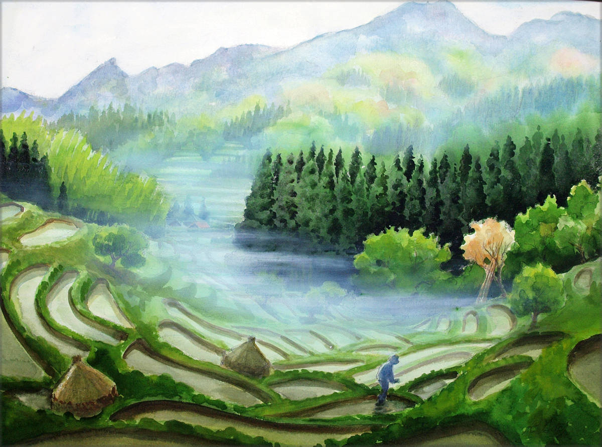 水彩画 散雾 - 千枚田的早晨 风景画, 绘画, 水彩, 自然, 山水画