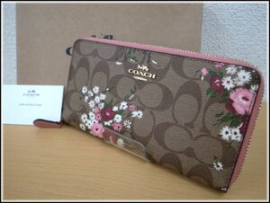 6155T 【本物保証】 COACH コーチ　シグネチャー　花柄プリント　PVC　アコーディオンジップアラウンド長財布　F29931　カーキマルチ