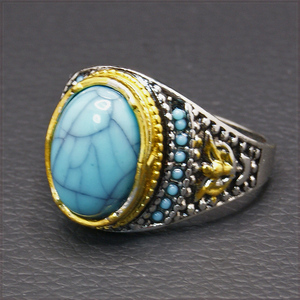 [RING] Antique Design Turquoises Stone オーバル ターコイズ ブルー ストーン シルバー & ゴールド 17mm ワイドリング 16号 【送料無料】