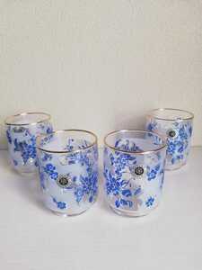 未使用 昭和レトロ 佐々木ガラス ガラスコップ ４個セット 金縁 ブルー 硝子製 花柄 ヴィンテージ デッドストック 冷茶グラス 青 日本製