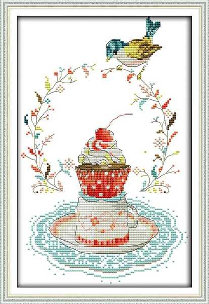クロスステッチキット■ティータイム ティーセット&小鳥 カップケーキ 刺繍キット 初心者 初級 可愛い フレンチデザイン