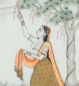 ミニアチュール 「木の実を摘む女性」 額装品 / 肉筆 彩色 民族画 インド 細密画, 美術品, 絵画, その他