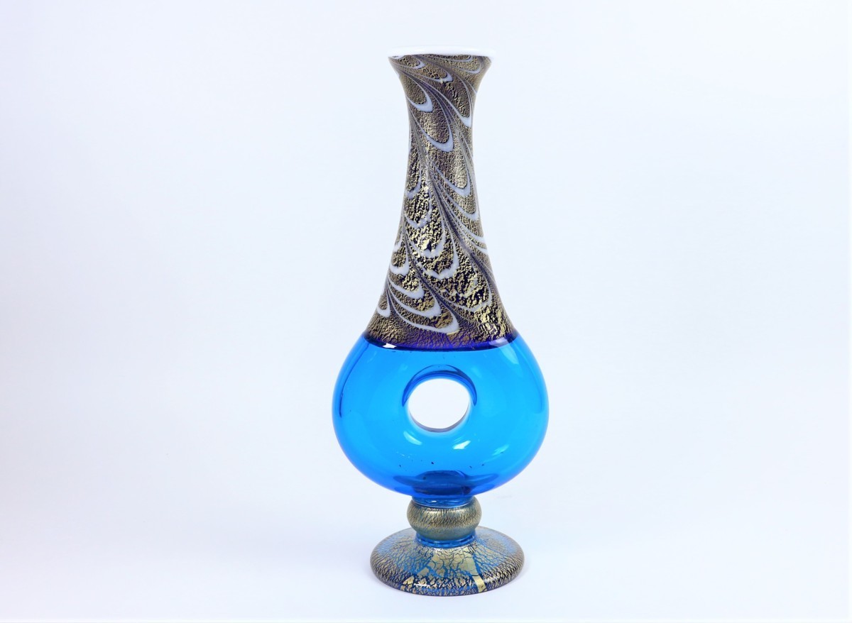 黒木国昭手吹きガラス花器銘金彩「海光」共箱/ 硝子大花瓶53.5cm