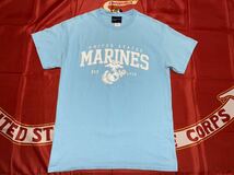 中古美品　made in USA US MARINES コットンTシャツ MV SPORTS製　medium ライトブルー_画像1