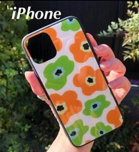 iPhone11/11proケース 強化ガラス北欧花柄オレンジiPhoneケース アイフォンケース