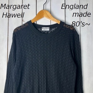 sh●323 80s～90s イングランド製 マーガレットハウエル クロシェ編み薄手カットソー 10　黒 ヴィンテージ Margaret Hawell 鍵編み 春夏