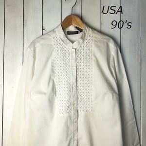 sh*327 USA old clothes 90s cloche switch stand-up collar shirt M~L white Old Vintage blouse long sleeve key braided stretch spring summer autumn 